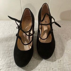 Miss Albright by Anthropology Niza Black Wedge Mary Jane 3 Strap Shoes